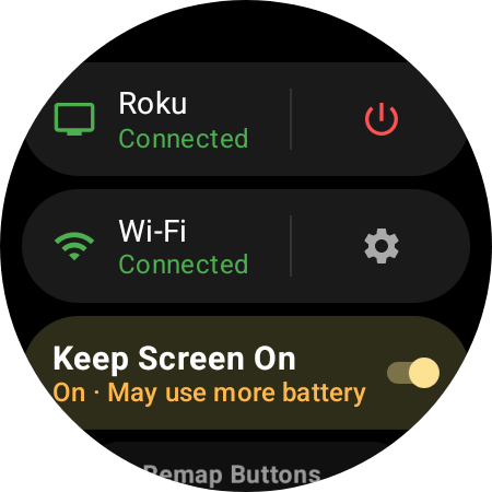 Roku remote device panel with Keep Screen On enabled