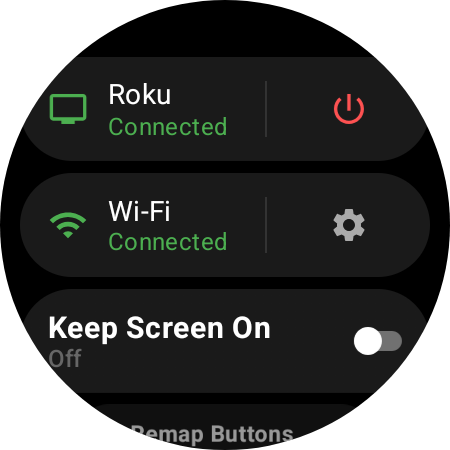 Roku remote device panel — live Roku and Wi-Fi connection status, power, and Keep Screen On toggle