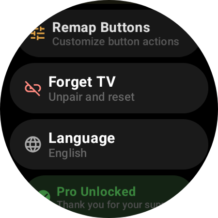 Roku remote settings — Remap Buttons, Forget TV, Language, and Pro Unlocked