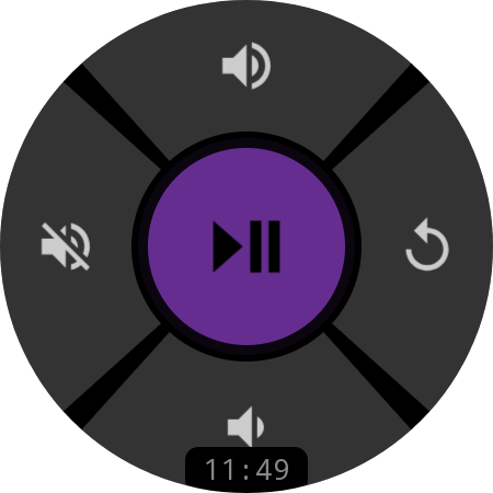 Roku media controls on a smartwatch — Play/Pause, Volume Up/Down, Mute, and Instant Replay on a Wear OS watch