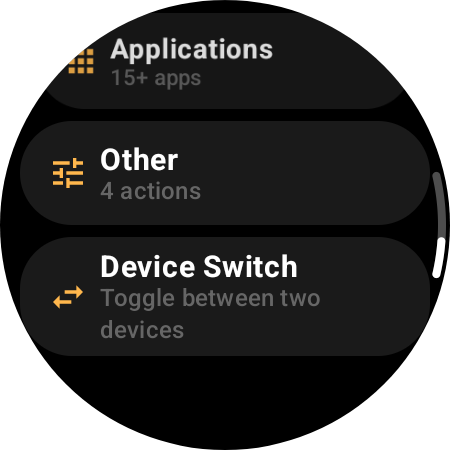 Watch action categories including a Device Switch category to toggle between two devices
