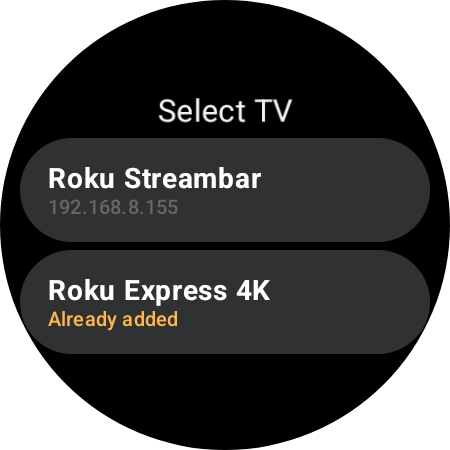 Select TV screen discovering Roku devices on the Wi-Fi network, with one already-paired Roku marked "Already added"