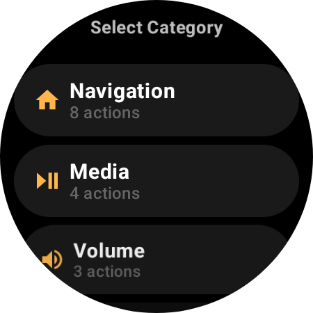 Roku remote action categories — Navigation, Media, and Volume with action counts