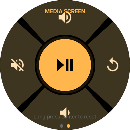 Roku remote button remapping — Media screen layout with amber theme on a Wear OS watch