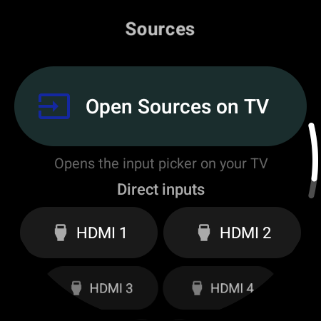 Sources screen on a smartwatch — Open Sources on TV button and direct HDMI 1–4 input shortcuts