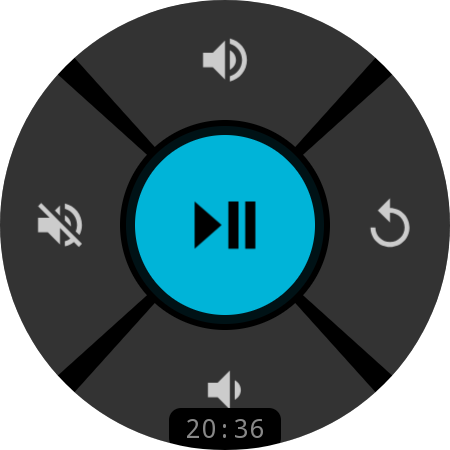 TV Remote media control screen showing Play/Pause button with volume and mute controls on WearOS smartwatch