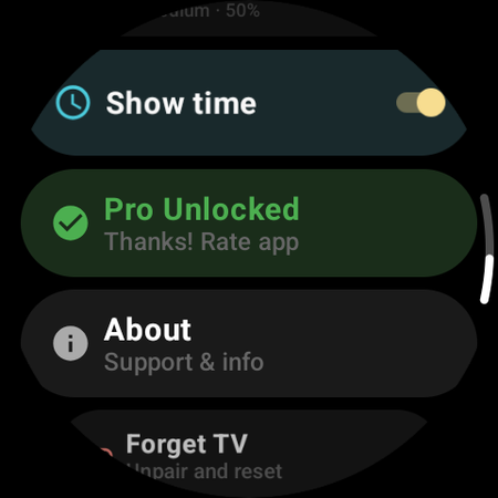 Watch menu with a Show time toggle switched on, a Pro Unlocked row and About