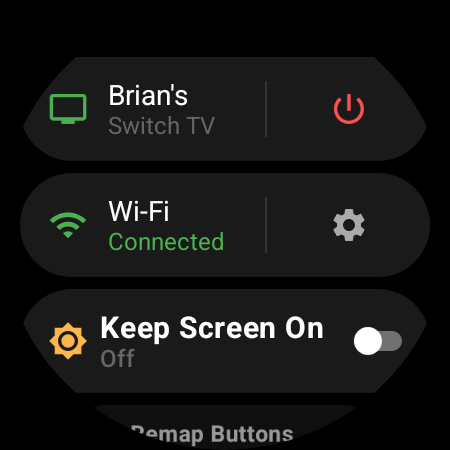 Watch menu with the active TV on top and a Switch TV shortcut next to a red power button