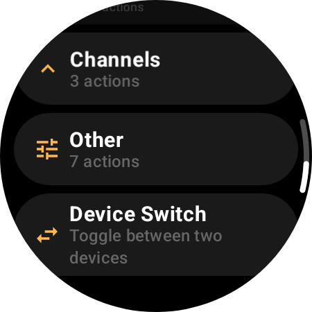Watch action categories including a Device Switch category to toggle between two devices