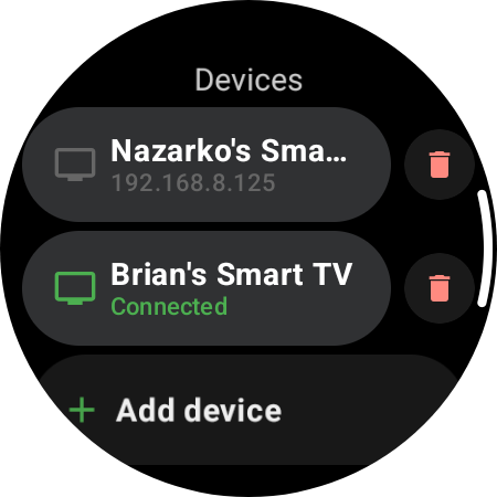 TV Remote Devices list on a Wear OS watch showing two paired Android TVs — one connected in green, another saved by its IP — with an Add device row