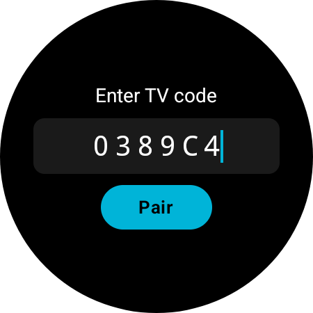 Enter TV code pairing screen with a six-character code and a Pair button on the watch