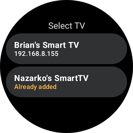 Select TV screen discovering Android TVs on the Wi-Fi network, with one already-paired TV marked "Already added"