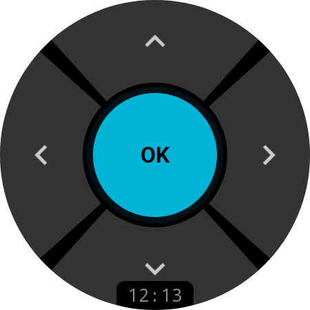TV Remote navigation screen on Samsung Galaxy Watch showing D-pad controls with cyan OK button