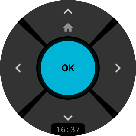 TV Remote navigation screen on Samsung Galaxy Watch showing D-pad controls with cyan OK button and Home shortcut