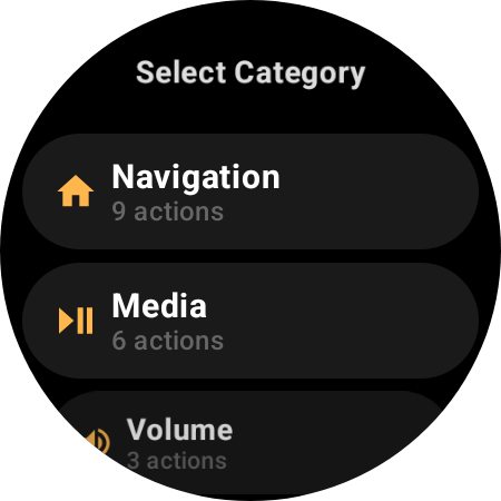 Action categories: Navigation, Media, Volume