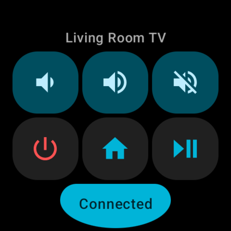 Wear OS Quick Actions tile for an Android TV — Volume Down, Volume Up, Mute, Power, Home and Play/Pause buttons with a Connected status and the name of the TV