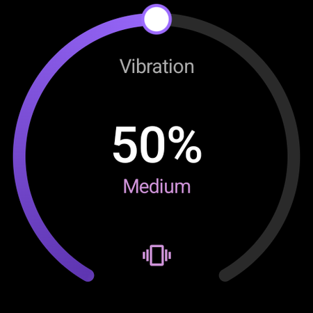 Vibration settings on the watch — an arc slider set to 50%, labelled Medium