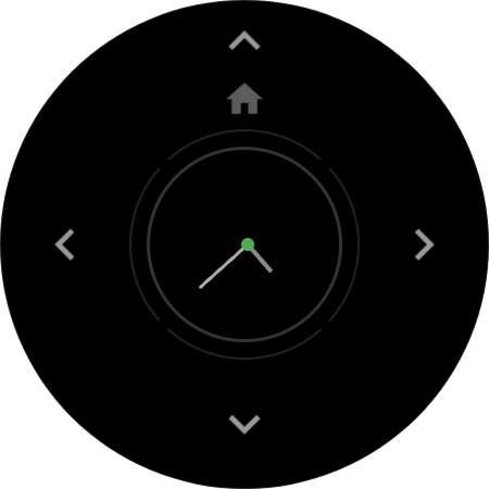 Always-On Display showing an analog clock inside dimmed navigation controls on a smartwatch TV remote