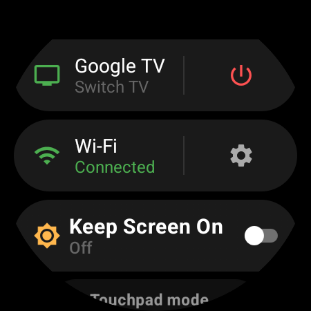Quick settings panel — TV power, Wi-Fi status, and Keep Screen On toggle