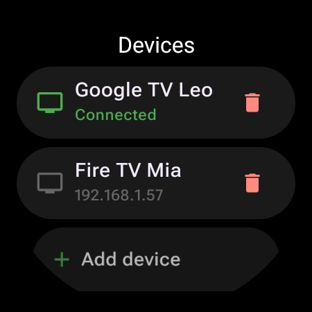 Devices list on a smartwatch — a connected Google TV and a saved Fire TV with an Add device button