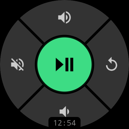 Media controls for Android TV on a smartwatch — Play/Pause, Volume Up/Down, Mute, and Back on a Wear OS watch