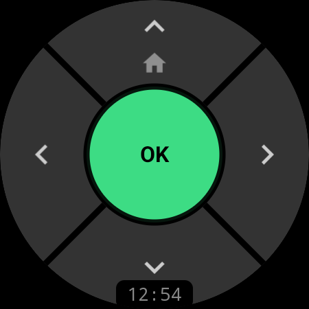 Remote & Mouse for Android — smartwatch TV remote D-pad with a green OK button on a Wear OS watch