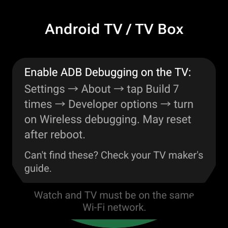 Guided ADB setup instructions for Android TV shown on the watch