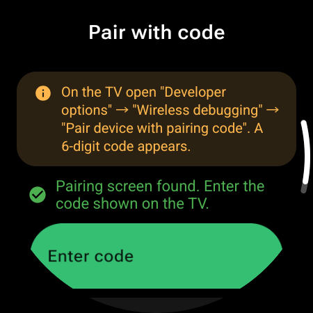 Pair with code screen guiding through Wireless Debugging pairing