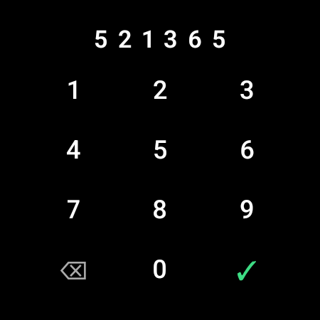 Six-digit pairing code keypad on a round smartwatch screen