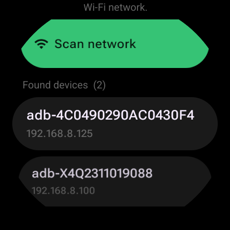 Scan network screen finding Android TV devices on the local Wi-Fi