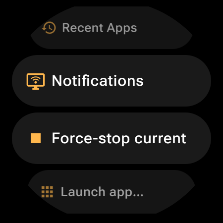 Remap action picker — Recent Apps, Notifications, Force-stop current app, and Launch app