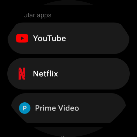App launch shortcuts — YouTube, Netflix, and Prime Video in the popular apps catalog