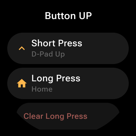 Button remapping on a smartwatch TV remote — independent Short Press and Long Press actions for the UP button