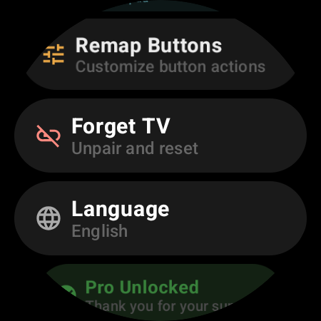 Settings screen with Remap Buttons, Forget TV, and Language options