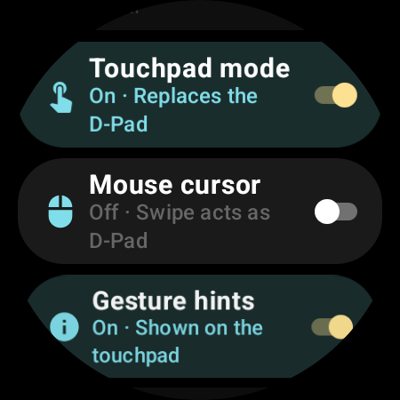 Touchpad settings — Touchpad mode, Mouse cursor, and Gesture hints toggles
